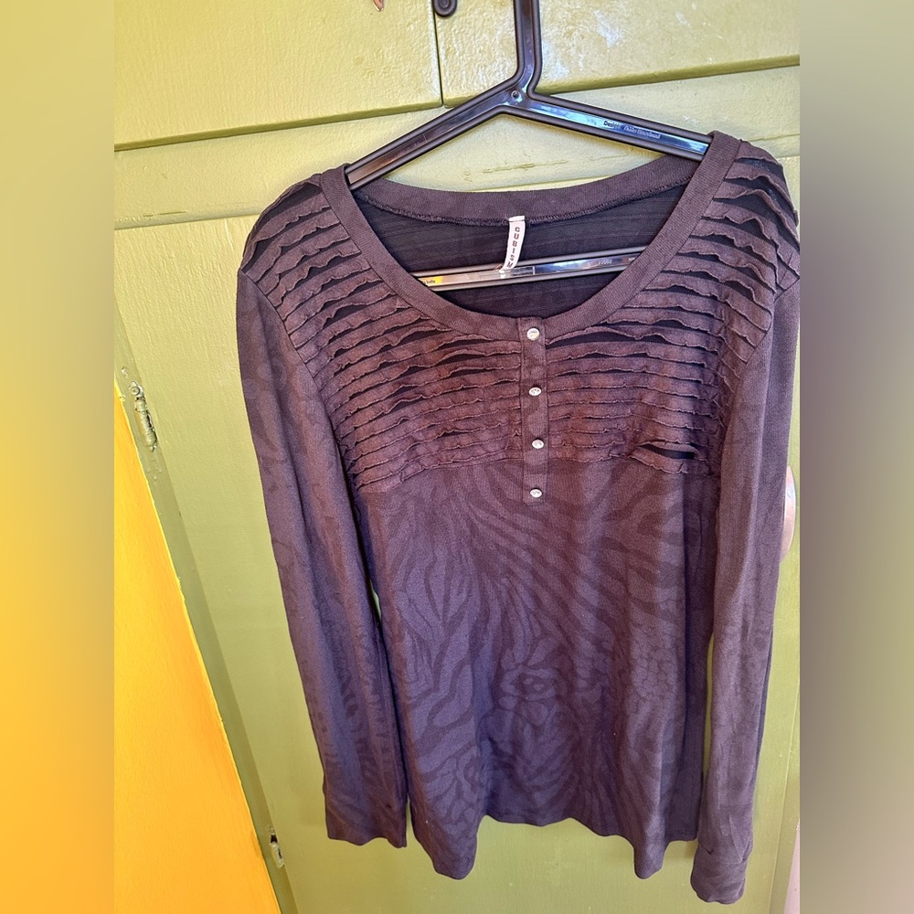 Brown Long Sleeve Top with Button Detail